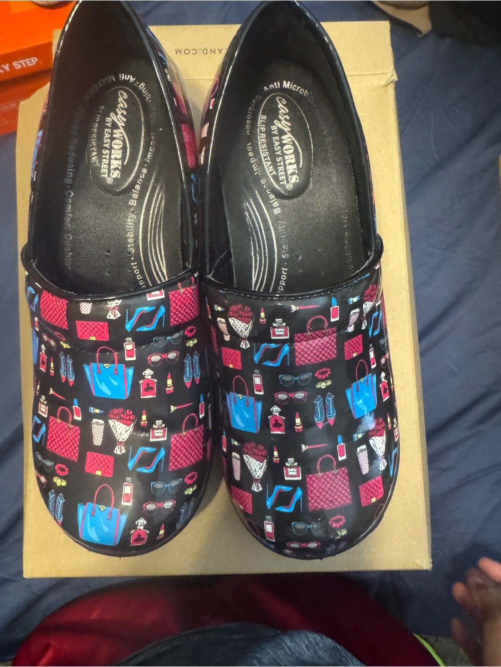 Slip resistant cute girly shoes with purses and makeup and girl items printed on